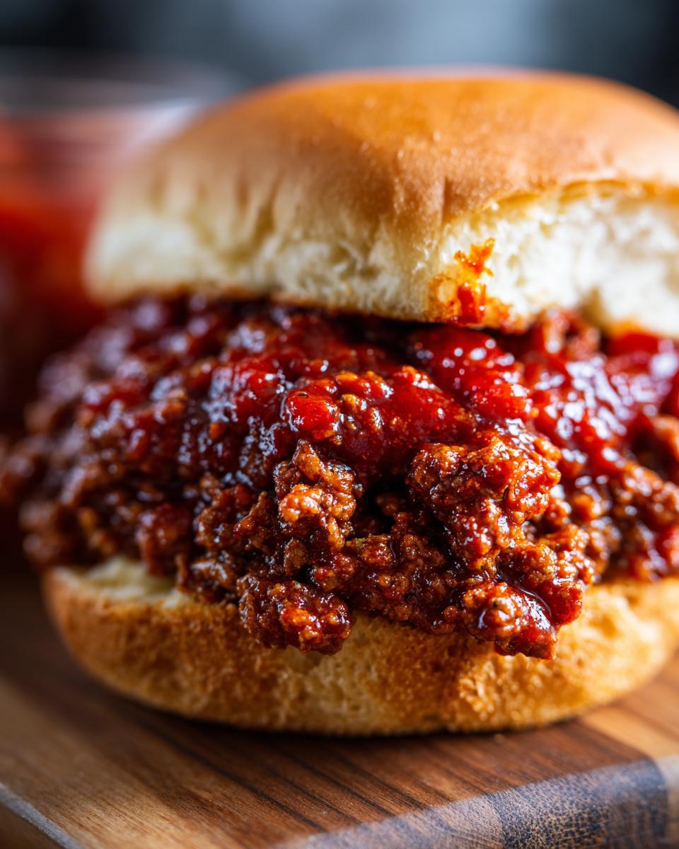 A close-up shot of a homemade Sloppy Joe sandwich on a bun, with a generous portion of savory meat filling.