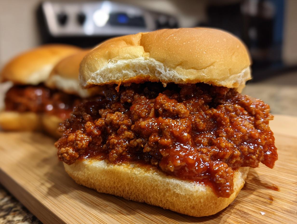 Close-up of a delicious Sloppy Joe sandwich on a bun, with a second sandwich blurred in the background.
