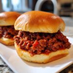 Close-up of two delicious Sloppy Joes sandwiches on soft buns, filled with savory ground meat sauce.