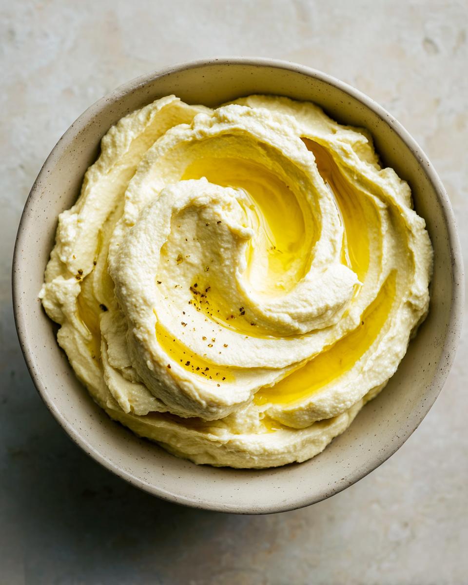 A close-up overhead view of creamy, smooth hummus swirled in a bowl, drizzled with olive oil and sprinkled with pepper.