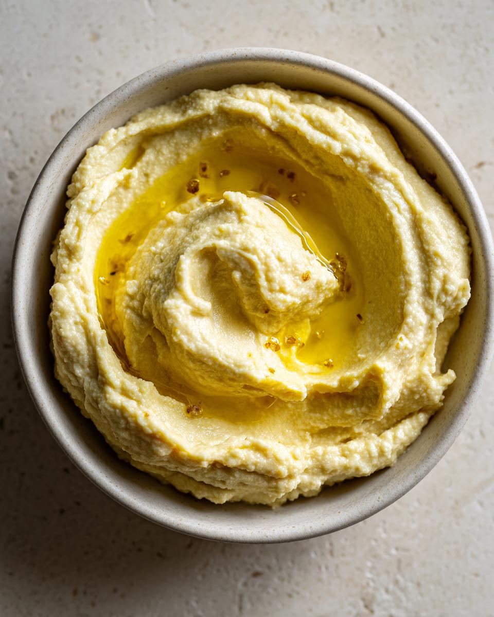 A close-up overhead view of smooth, creamy hummus in a bowl, topped with a swirl of olive oil and spices.