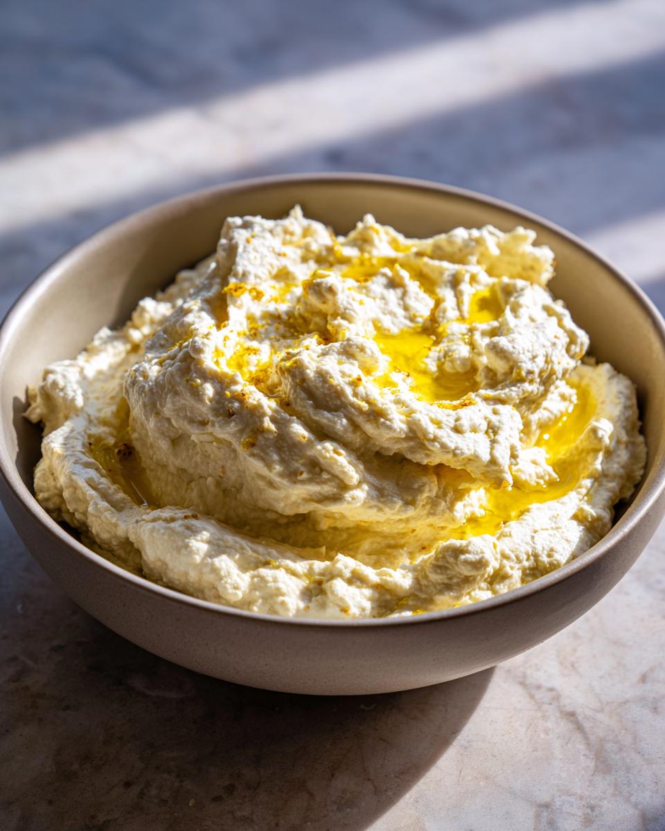 A close-up of creamy, smooth hummus in a bowl, drizzled with olive oil and sprinkled with zest.