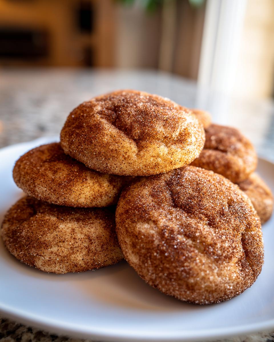 A close-up of a stack of chewy Snickerdoodles, coated in cinnamon sugar, on a white plate.