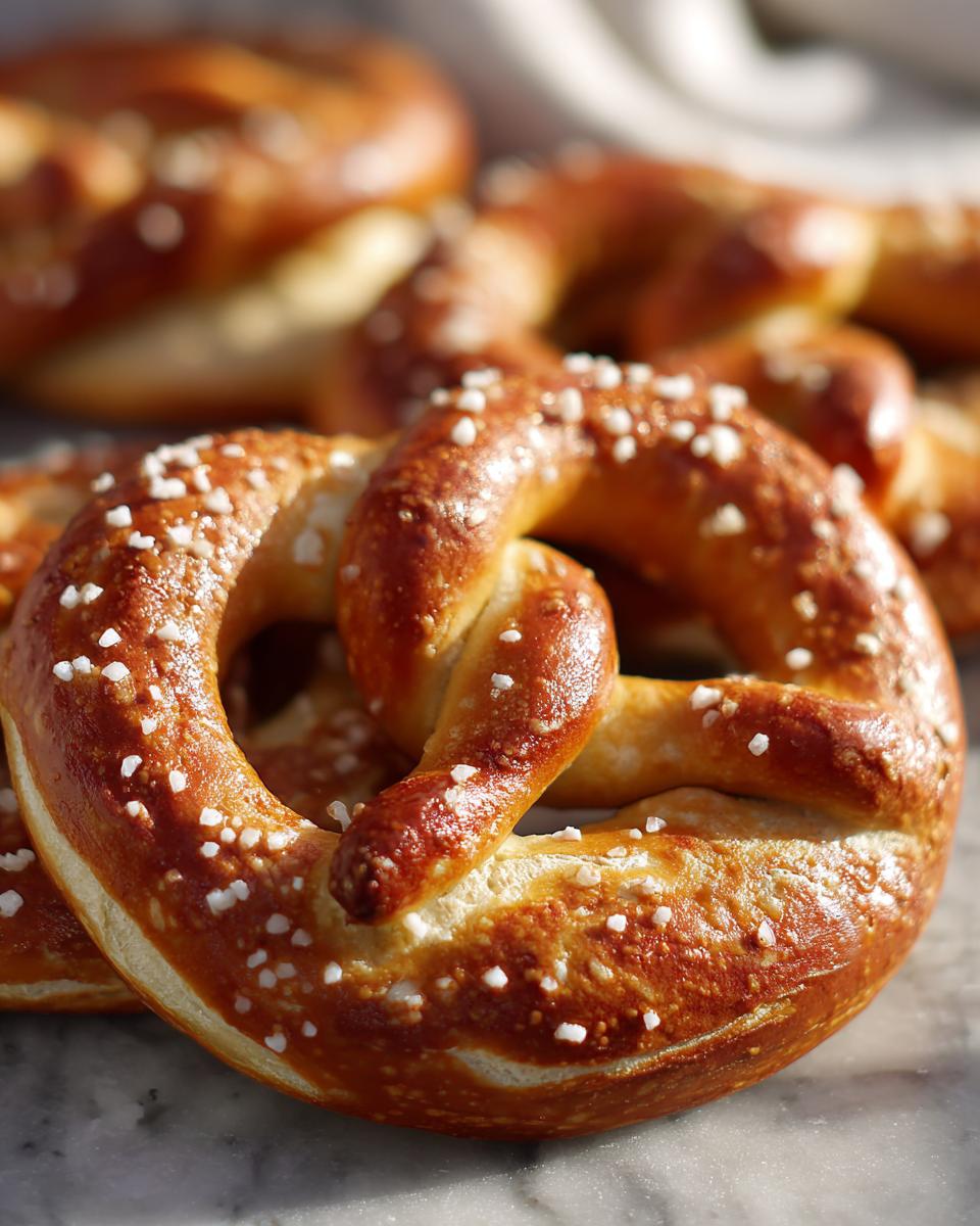 Close-up of freshly baked soft pretzels sprinkled with coarse salt, showcasing their golden-brown crust.