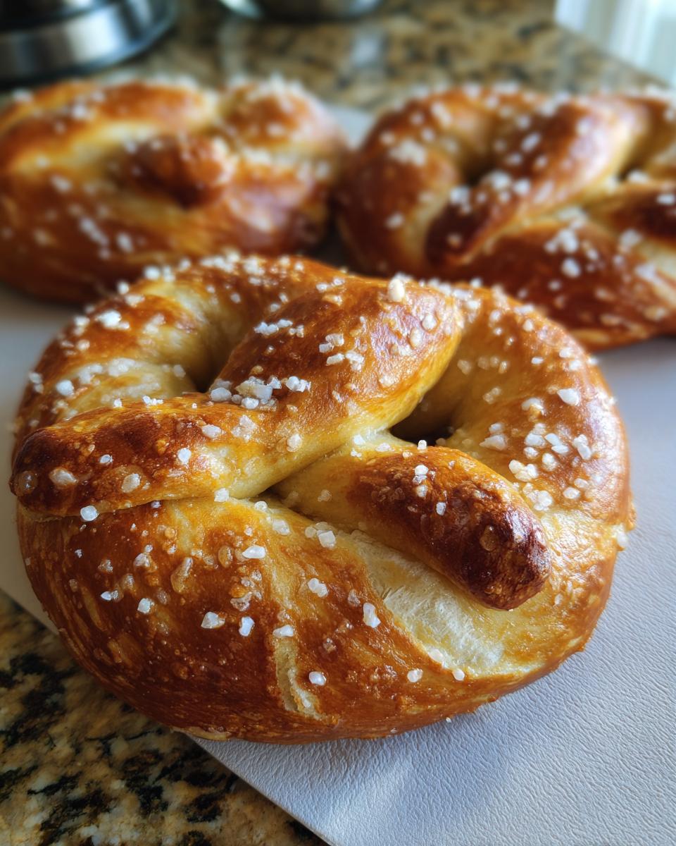 Close-up of a freshly baked soft pretzel topped with coarse salt, with other pretzels blurred in the background.