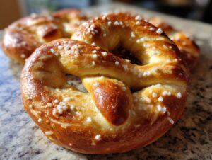 Close-up of a golden-brown soft pretzel topped with coarse salt, with other pretzels blurred in the background.