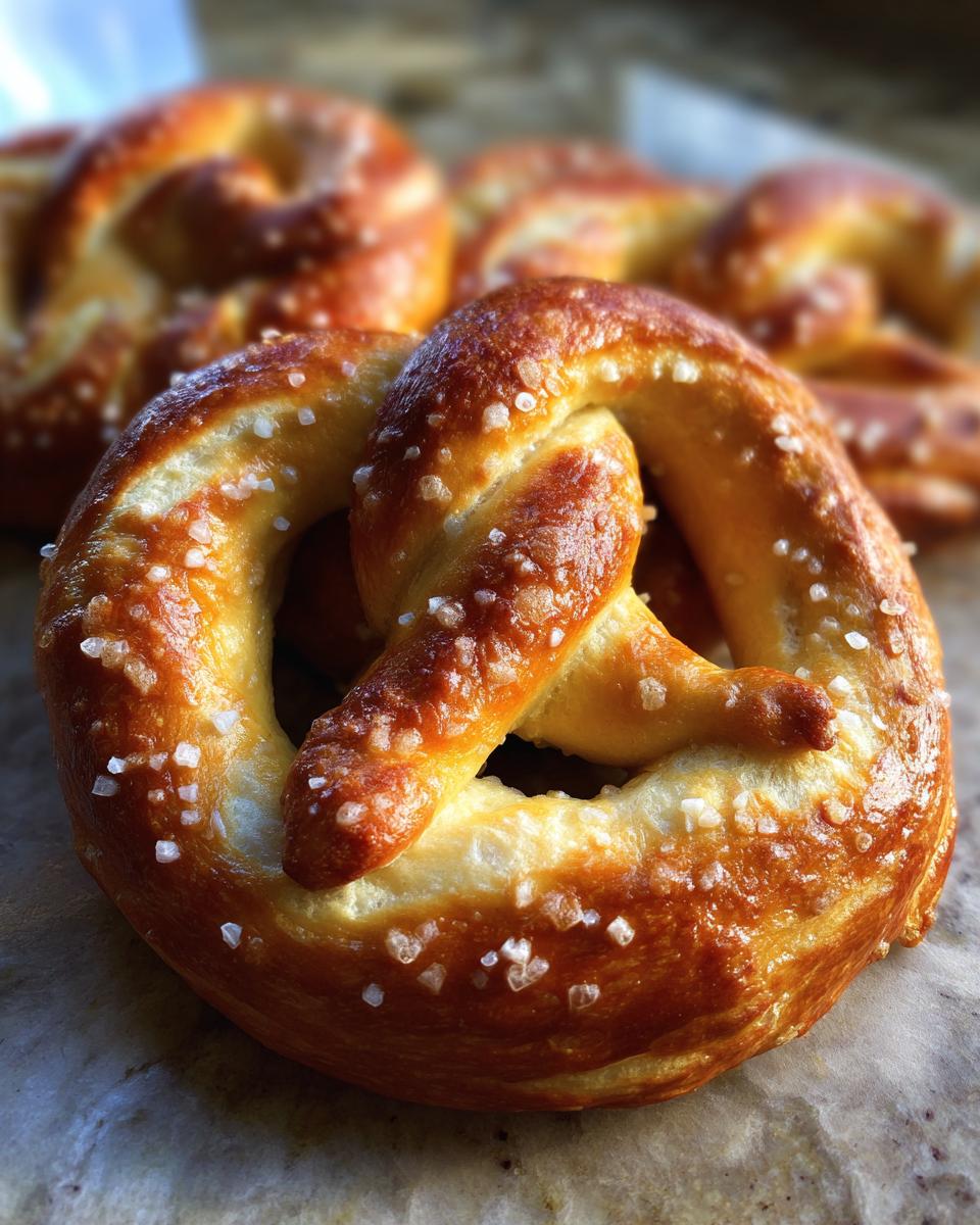 Close-up of a golden-brown soft pretzel sprinkled with coarse salt, with other pretzels blurred in the background.