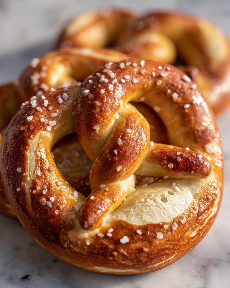 Close-up of golden brown soft pretzels sprinkled with coarse salt, ready to be enjoyed.