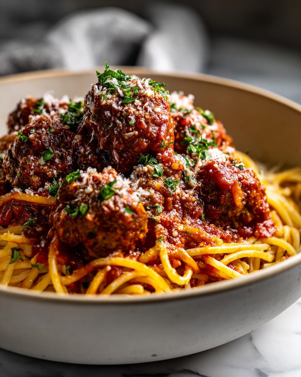 A close-up of a bowl filled with spaghetti and meatballs, topped with rich tomato sauce, grated Parmesan cheese, and fresh parsley.