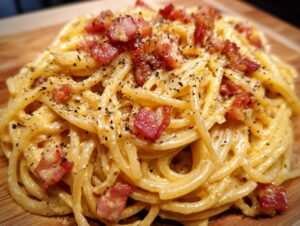 Close-up of a serving of authentic Spaghetti Carbonara, topped with crispy guanciale and black pepper.