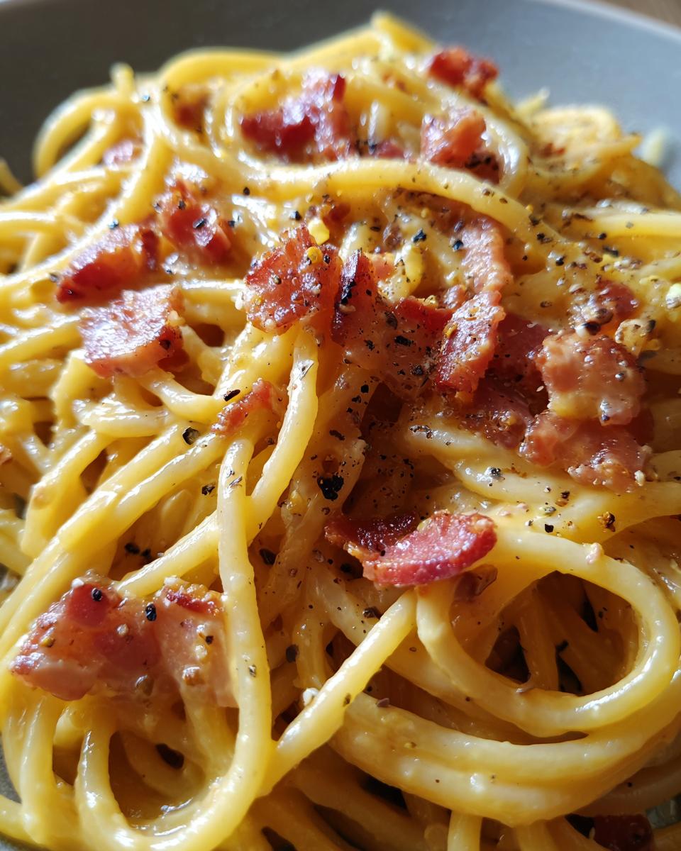 Close-up of a steaming plate of spaghetti carbonara, coated in creamy sauce and topped with crispy guanciale and black pepper.