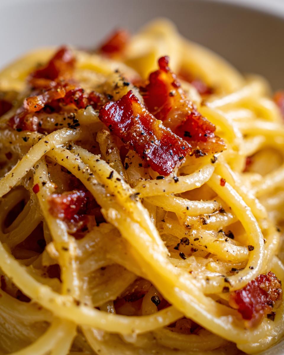 Close-up of authentic Spaghetti Carbonara, featuring perfectly cooked pasta coated in creamy sauce and topped with crispy guanciale and black pepper.