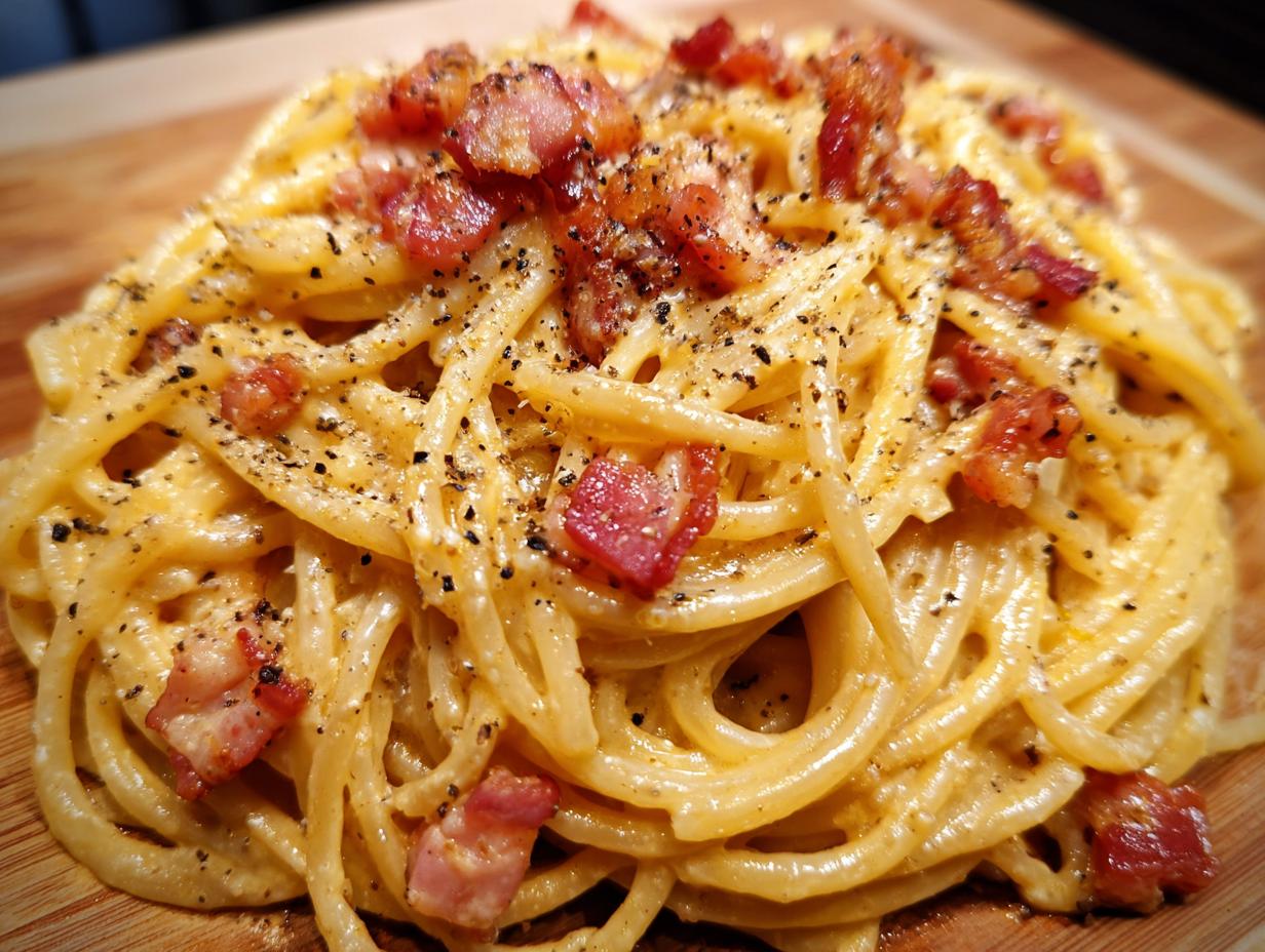Close-up of a serving of authentic Spaghetti Carbonara, topped with crispy guanciale and black pepper.