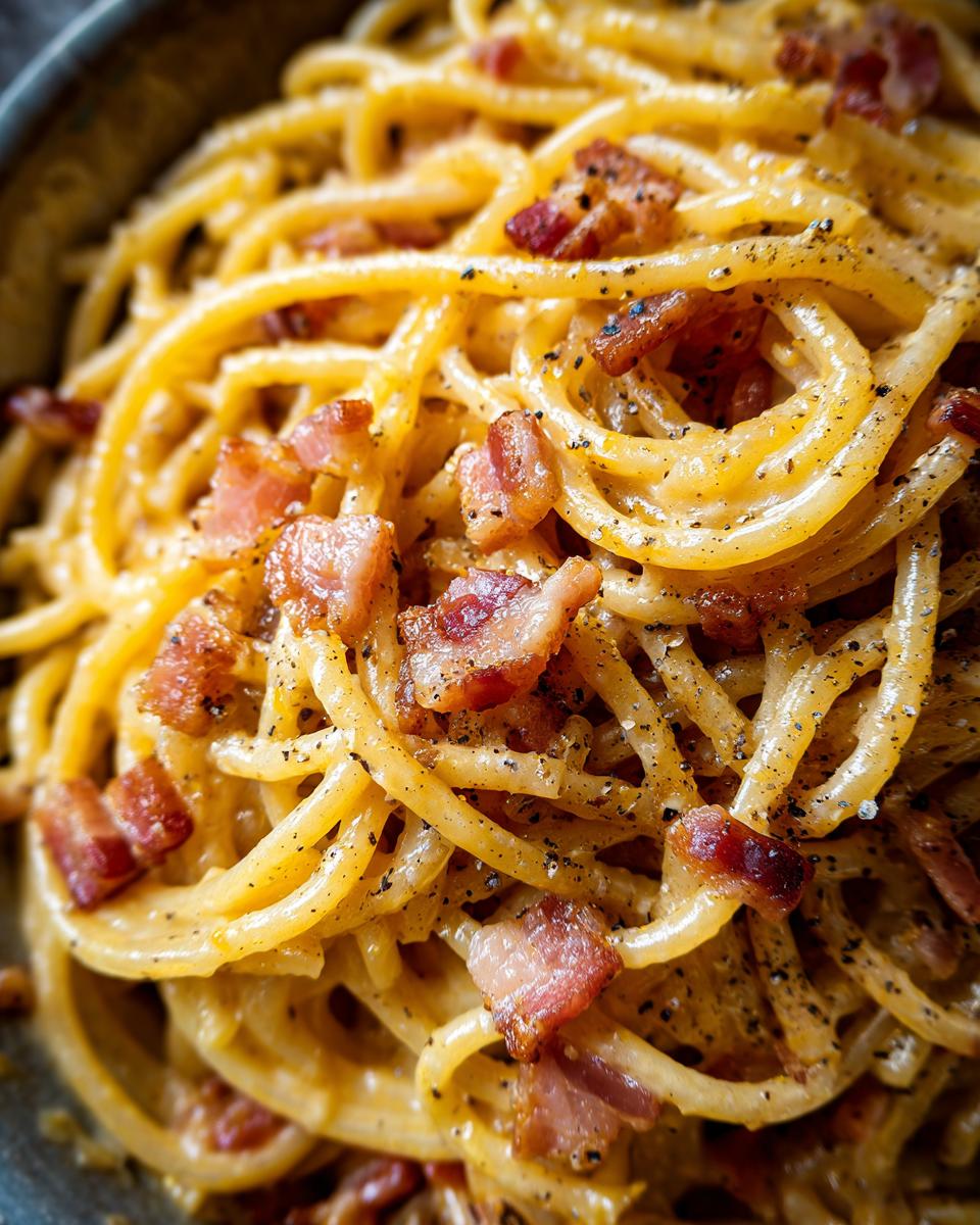 Close-up of authentic spaghetti carbonara with creamy sauce and crispy pancetta pieces.