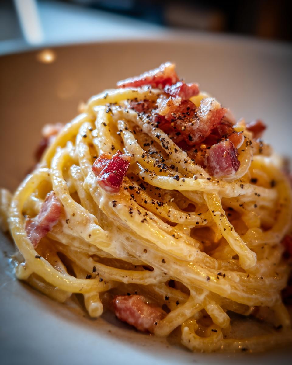 Close-up of a plate of authentic spaghetti carbonara, generously coated in creamy sauce and topped with crispy pancetta and black pepper.