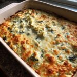 A close-up of a bubbly, golden-brown baked spinach artichoke dip in a casserole dish.