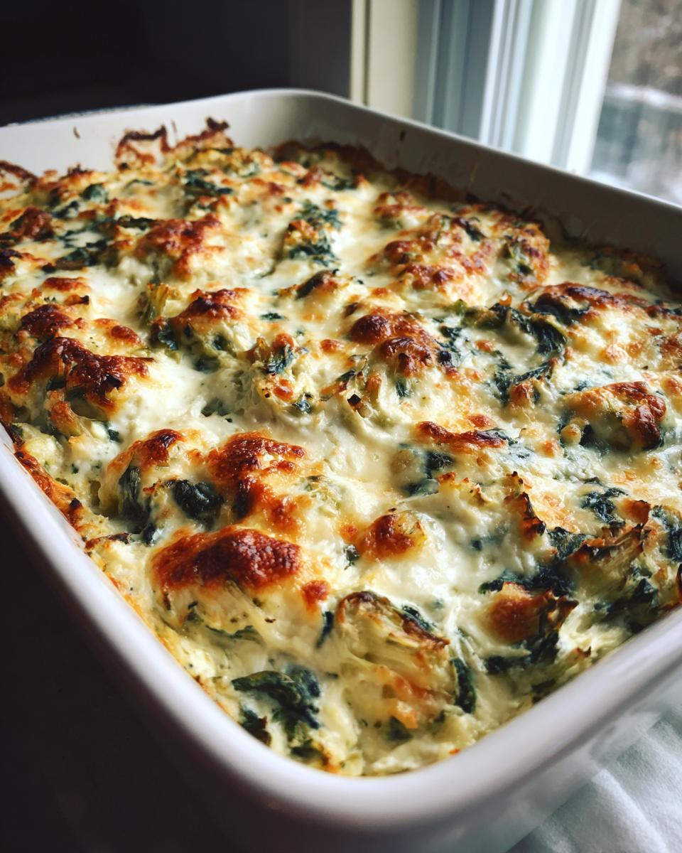 Close-up of a bubbly, golden-brown baked spinach artichoke dip in a white ceramic dish.