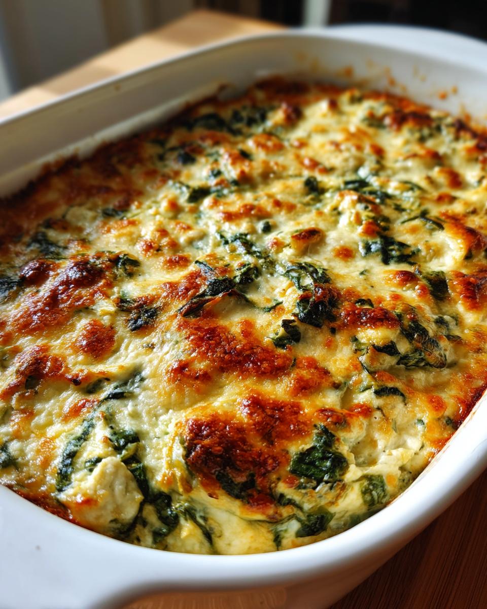 Close-up of a bubbly, golden-brown baked spinach artichoke dip in a white ceramic dish.