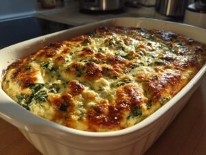 A close-up of a bubbling, golden-brown baked spinach artichoke dip in a white casserole dish.