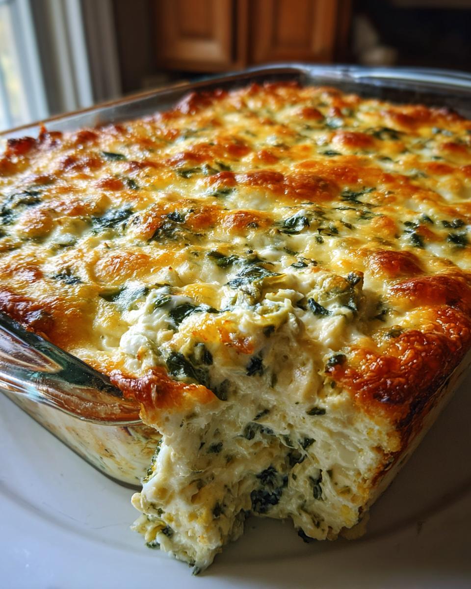 A close-up of a bubbly, golden-brown baked spinach artichoke dip in a glass dish, with a scoop removed.