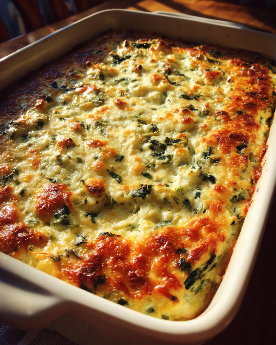 Close-up of a bubbly, golden-brown baked spinach artichoke dip in a white casserole dish.