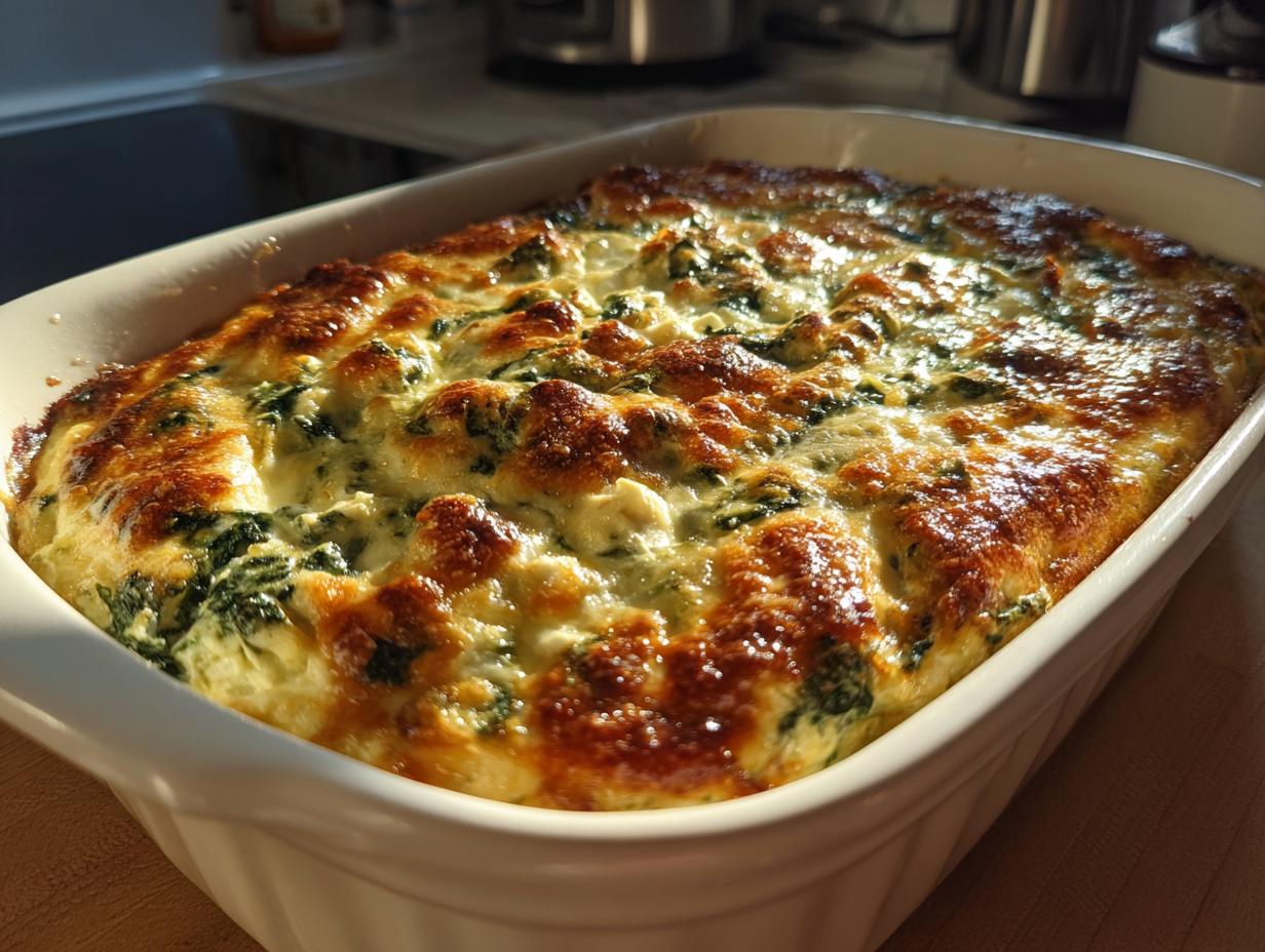 A close-up of a bubbling, golden-brown baked spinach artichoke dip in a white casserole dish.