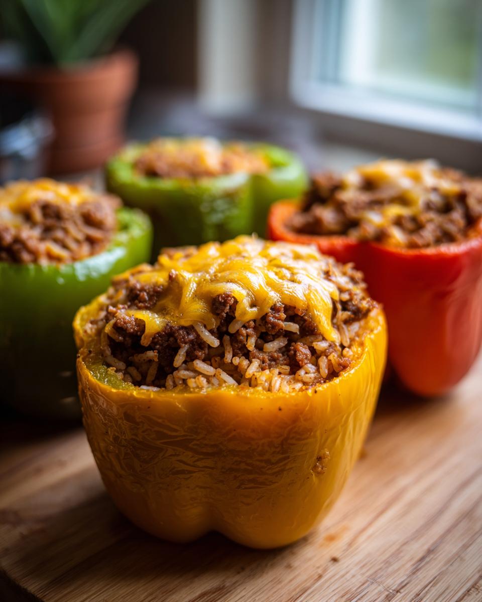 Close-up of colorful stuffed bell peppers filled with meat and rice, topped with melted cheese.