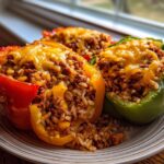 Close-up of three colorful stuffed bell peppers filled with seasoned ground meat and rice, topped with melted cheddar cheese.