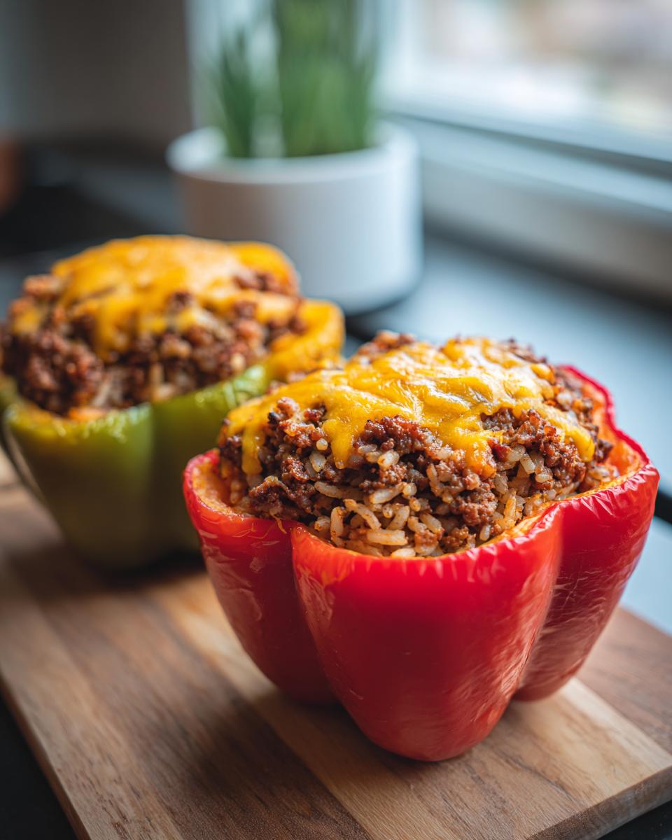 Two colorful stuffed bell peppers, one red and one green, filled with a savory meat and rice mixture and topped with melted cheddar cheese.