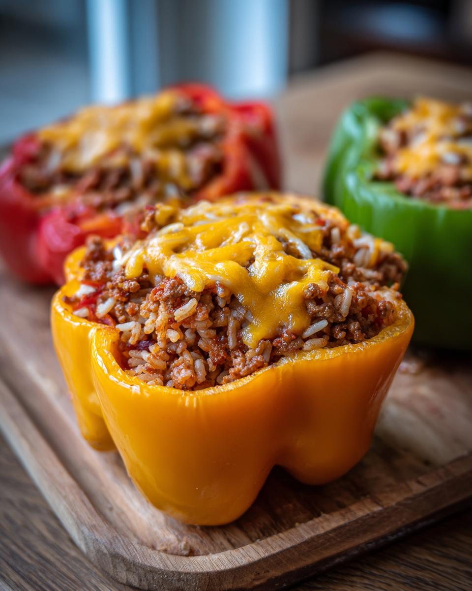 Close-up of golden yellow stuffed bell peppers filled with a savory mixture of ground meat and rice, topped with melted cheese.