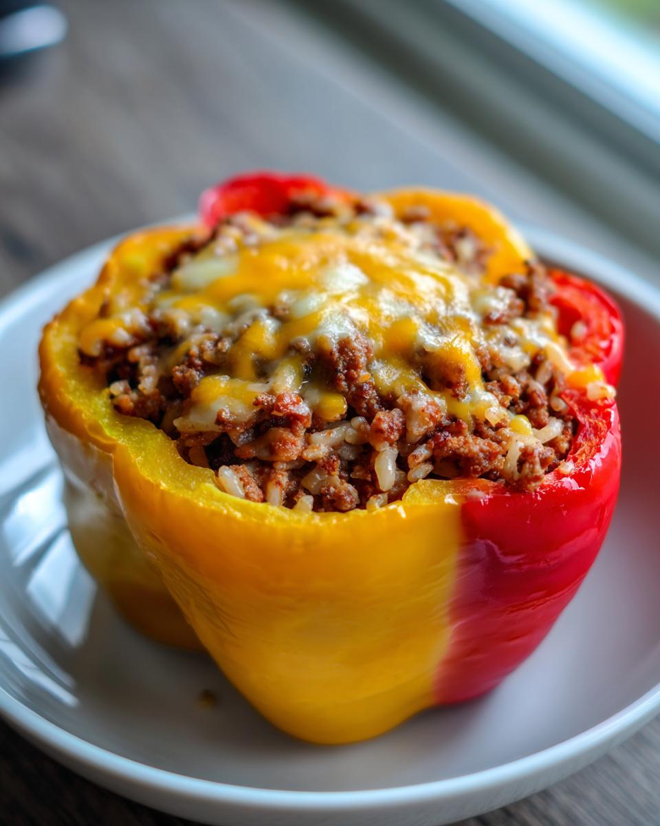 Close-up of a colorful stuffed bell pepper filled with seasoned ground meat and rice, topped with melted cheese.
