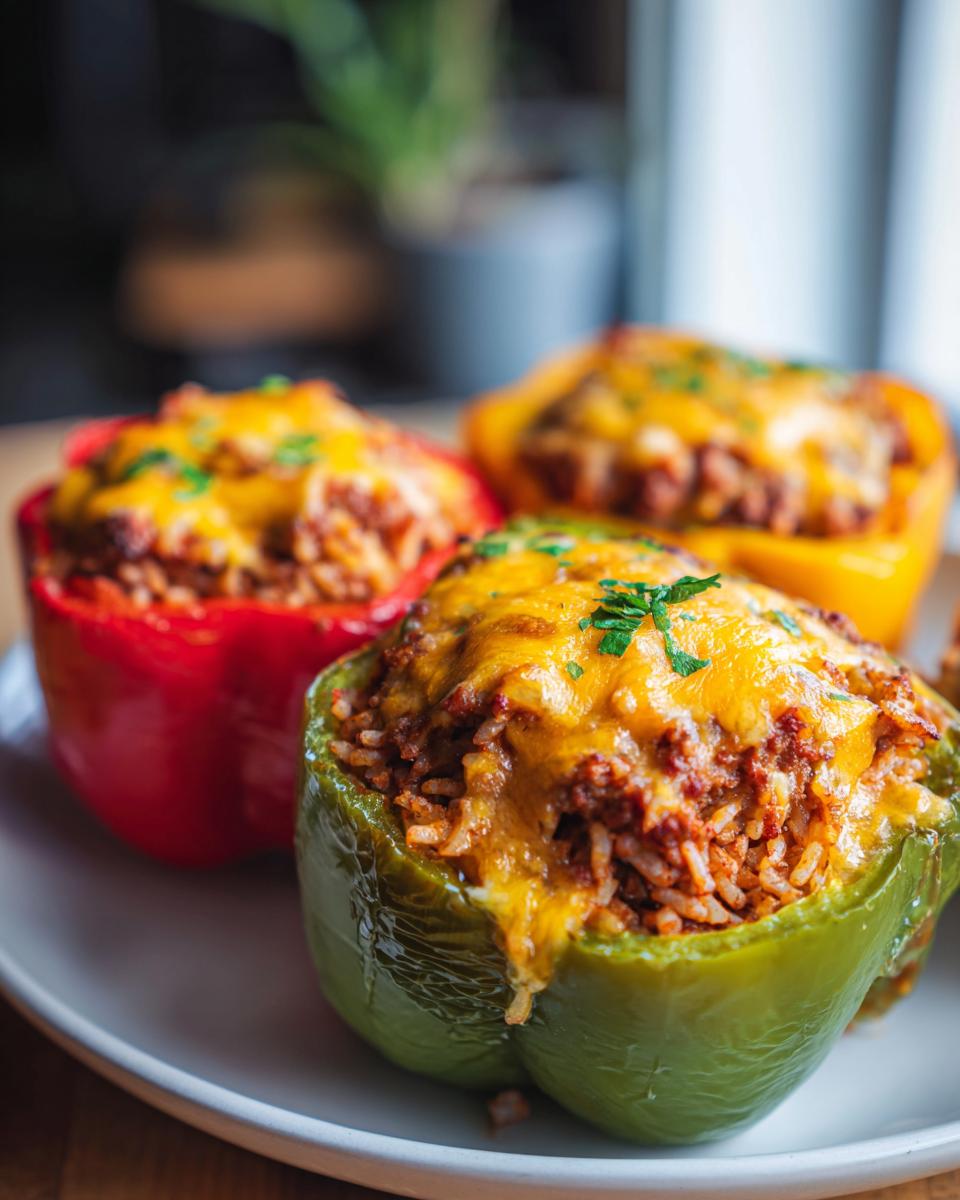 Three colorful stuffed bell peppers (green, red, and yellow) topped with melted cheese and parsley.