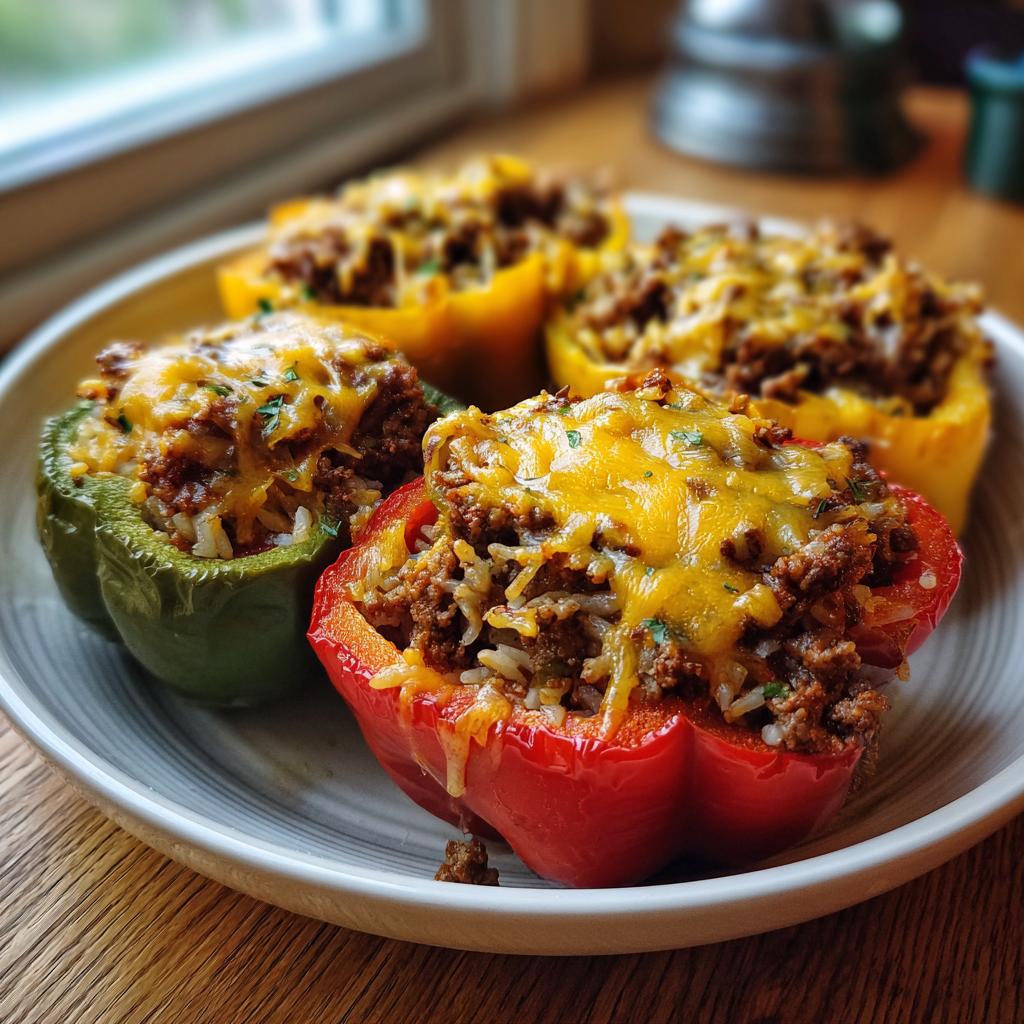 Four colorful stuffed bell peppers, filled with rice and seasoned ground meat, topped with melted cheese, ready to be served with roast chicken.