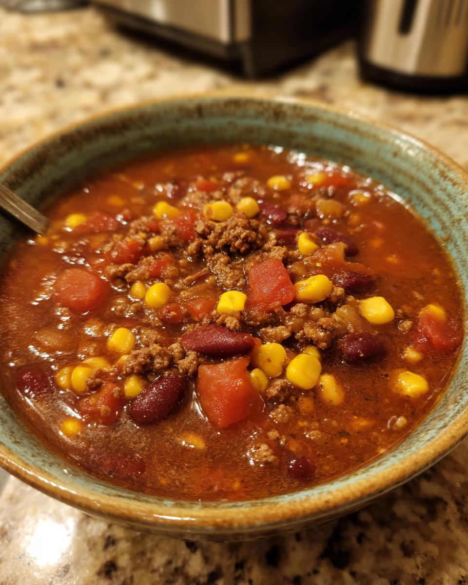 A close-up of a bowl of delicious taco soup, featuring ground beef, kidney beans, corn, and diced tomatoes.