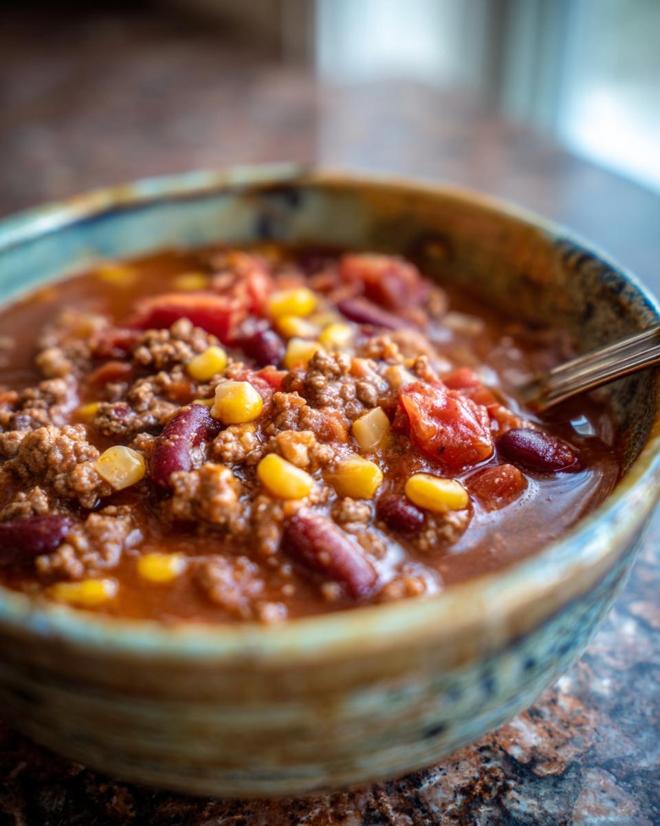 A close-up bowl of delicious taco soup, filled with ground beef, beans, corn, and tomatoes.