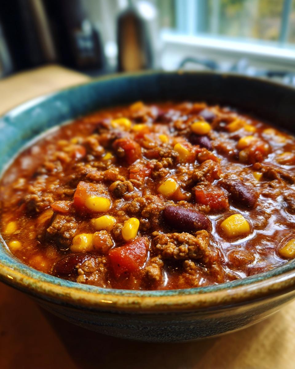 A close-up shot of a steaming bowl of taco soup, filled with ground beef, beans, corn, and tomatoes.