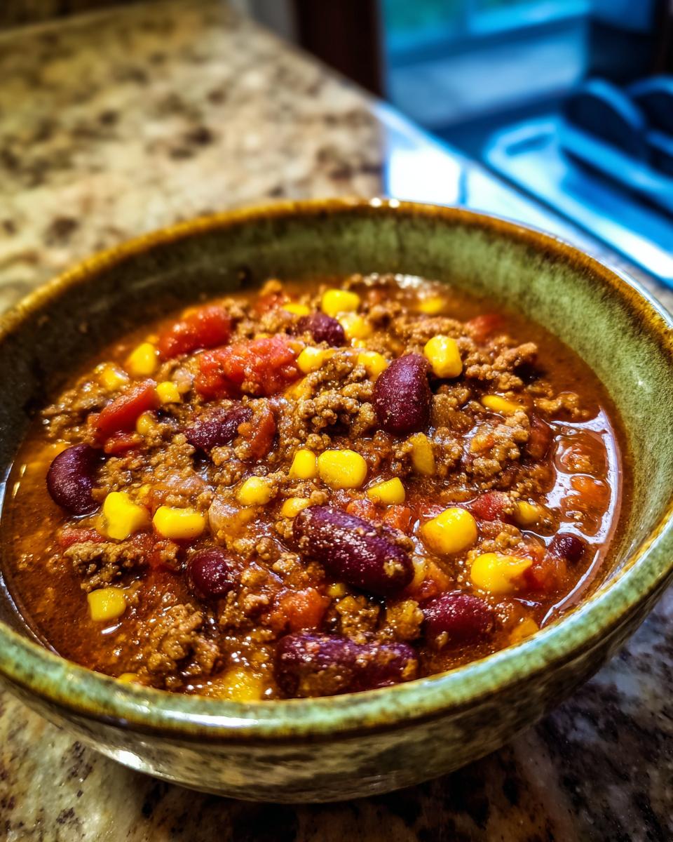 A close-up of a rustic bowl filled with delicious taco soup, featuring ground beef, kidney beans, corn, and tomatoes.
