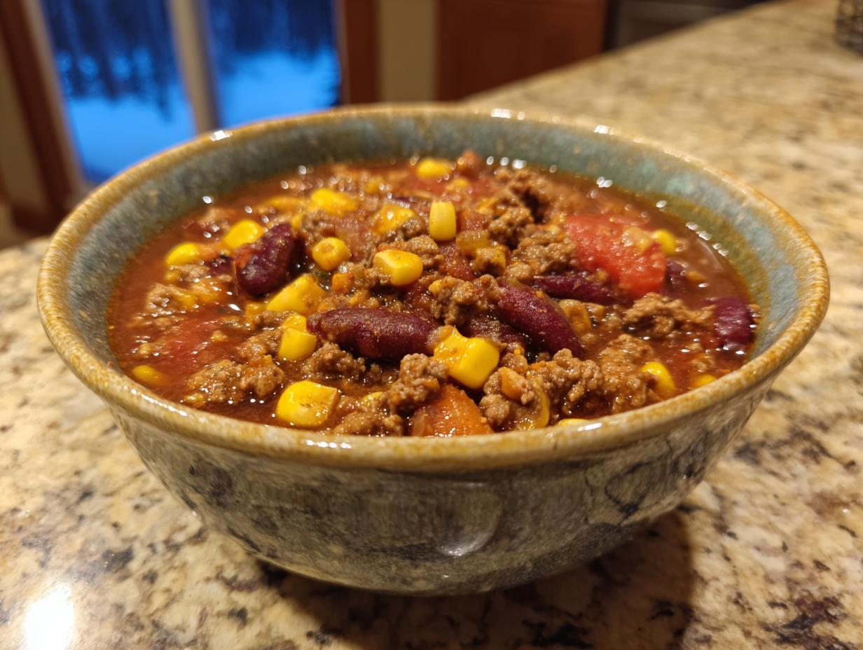 A close-up of a rustic bowl filled with hearty taco soup, featuring ground beef, kidney beans, corn, and tomatoes.
