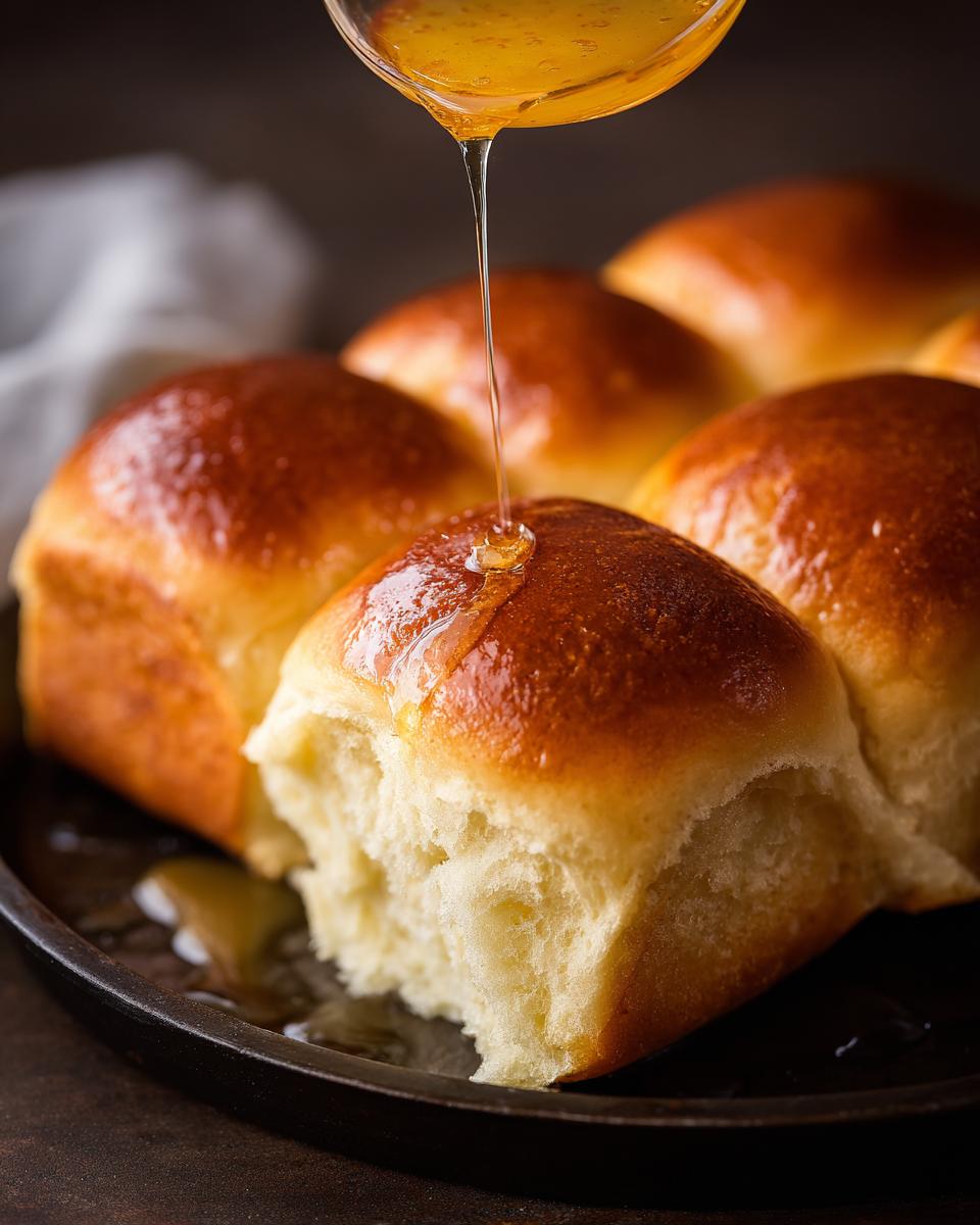 Close-up of soft Texas Roadhouse rolls with honey being drizzled on top.