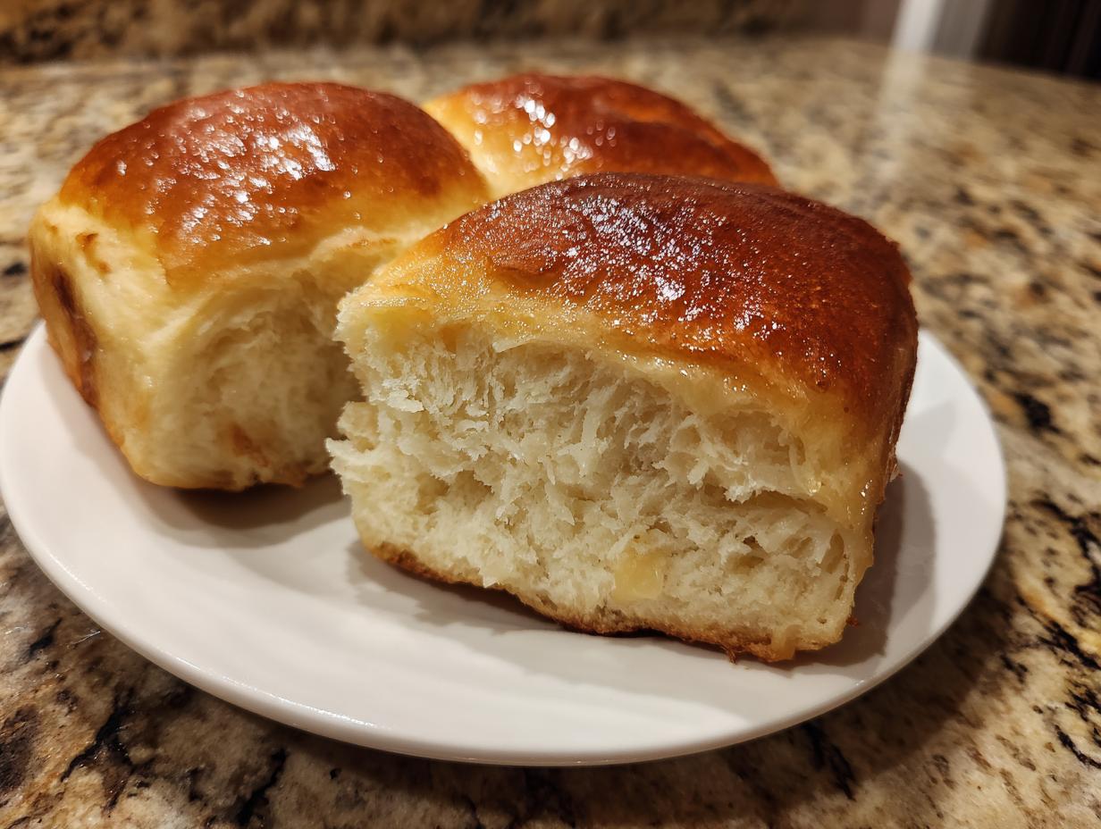 Close-up of fluffy Texas Roadhouse rolls with a golden-brown, buttery crust on a white plate.