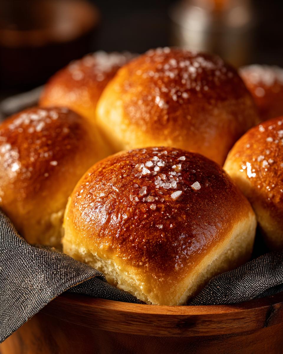 Close-up of freshly baked Texas Roadhouse rolls, golden brown and sprinkled with coarse sea salt.