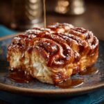 Close-up of warm Texas Roadhouse rolls drizzled with sweet syrup and dusted with powdered sugar.