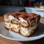 A generous slice of Tiramisu on a white plate, showcasing layers of ladyfingers, mascarpone cream, and cocoa powder.