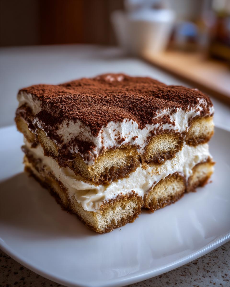 A close-up of a rich Tiramisu slice on a white plate, layered with ladyfingers, mascarpone cream, and dusted with cocoa powder.