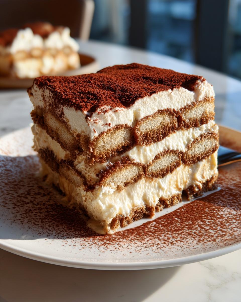 A close-up of a rich Tiramisu slice, layered with ladyfingers and mascarpone cream, dusted with cocoa powder.