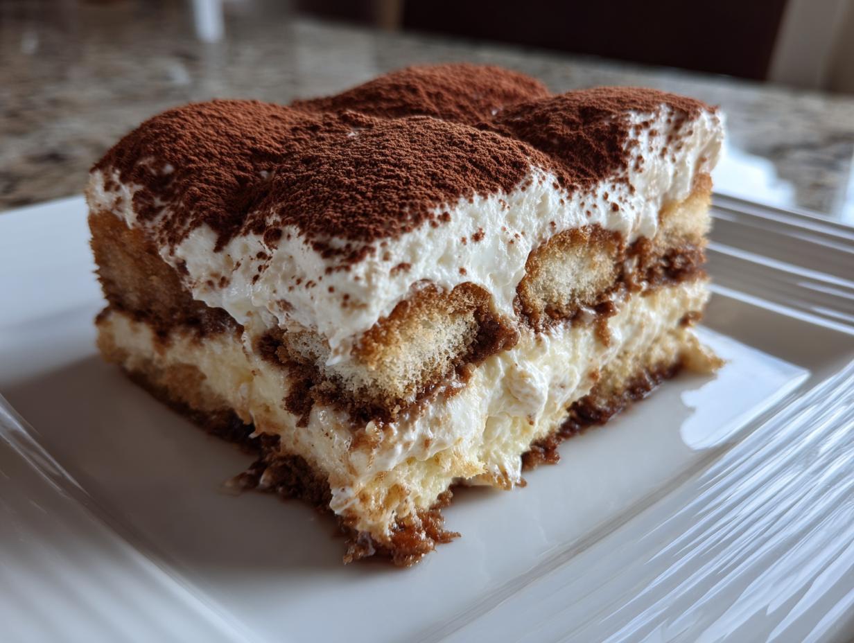 A close-up of a decadent slice of Tiramisu, featuring layers of ladyfingers, mascarpone cream, and dusted with cocoa powder.