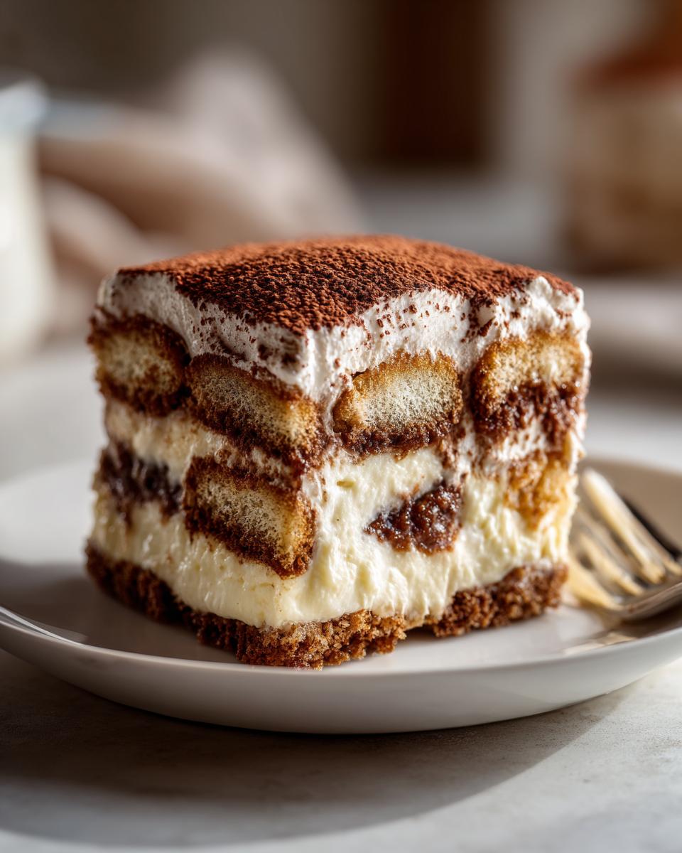 A close-up of a perfect slice of Tiramisu, layered with ladyfingers, mascarpone cream, and dusted with cocoa powder.
