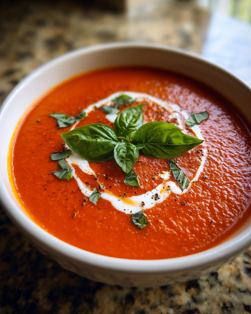 A bowl of vibrant tomato soup topped with a swirl of cream, fresh basil leaves, and cracked black pepper.