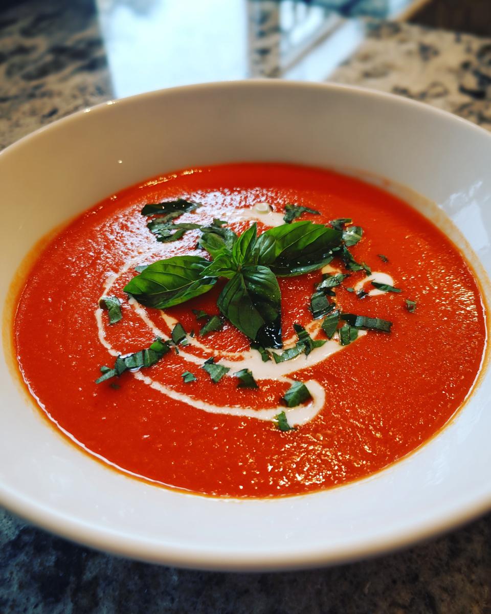 A close-up of a bowl of vibrant Tomato Soup, garnished with fresh basil leaves and a swirl of cream.