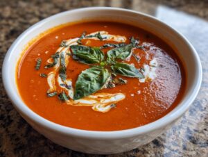 A close-up of a bowl of vibrant tomato soup, garnished with fresh basil leaves and a swirl of cream.